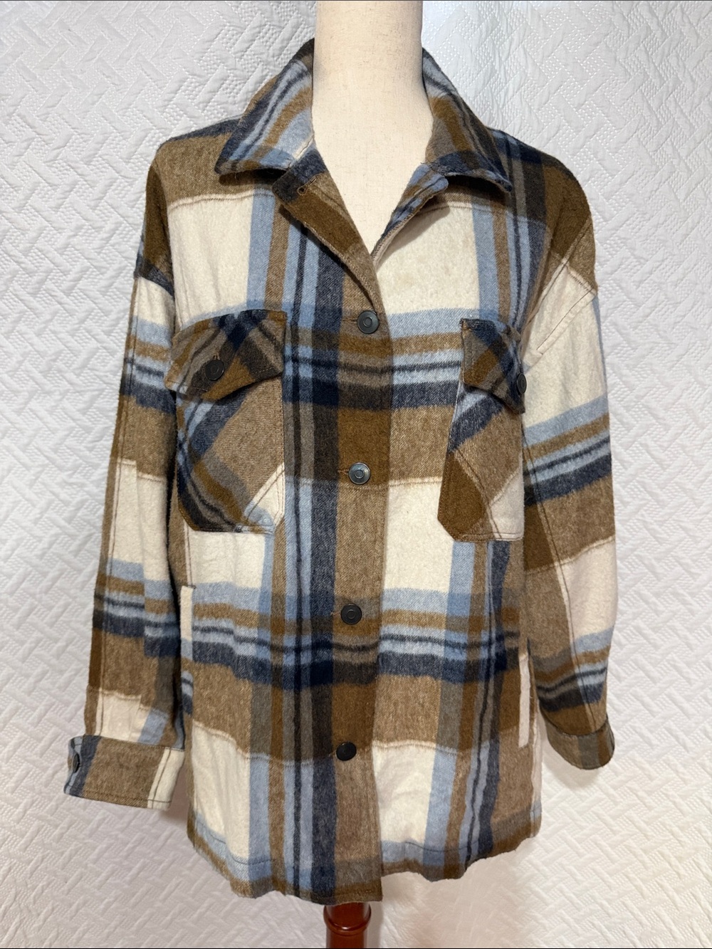 Zara Plaid Button-Down Shacket in Cream, Brown & Blue
